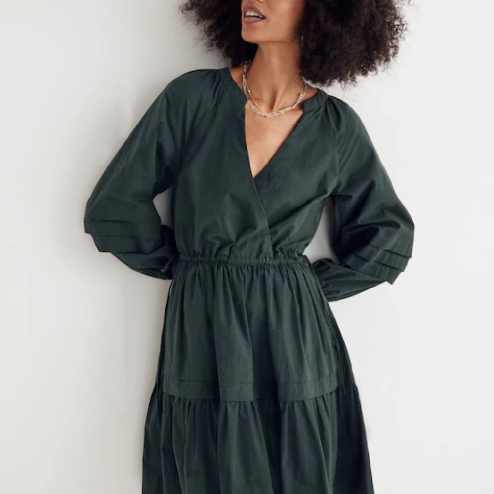 Madewell Crinkle Poplin Wrap Mini Dress in Dark Green Palm Sz M - Picture 2 of 7